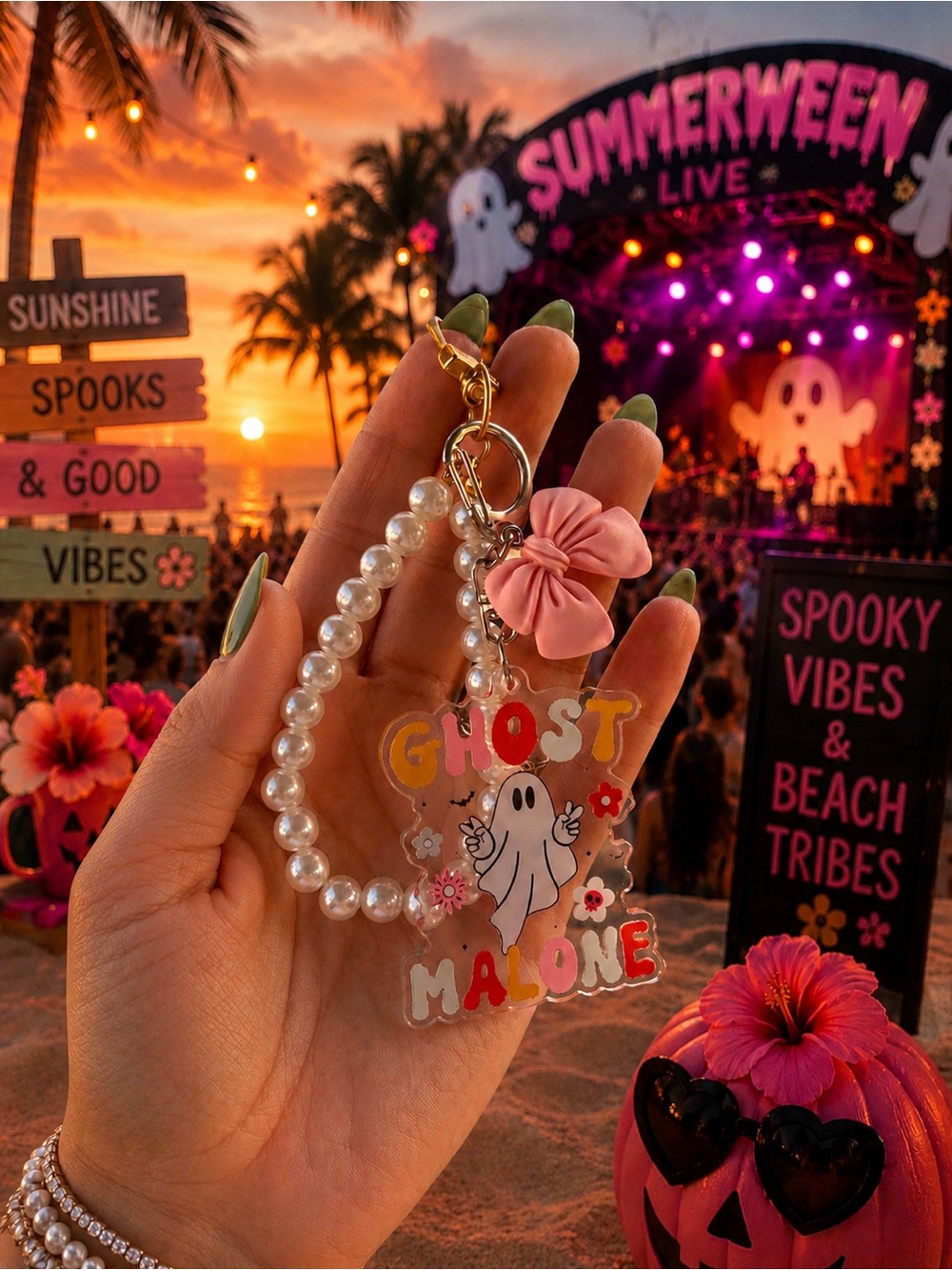 Ghost Malone Pearl Beaded Keychain with Pink Bow